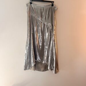 Silver High-Low Satin Skirt - Women's Metallic Asymmetric Hem